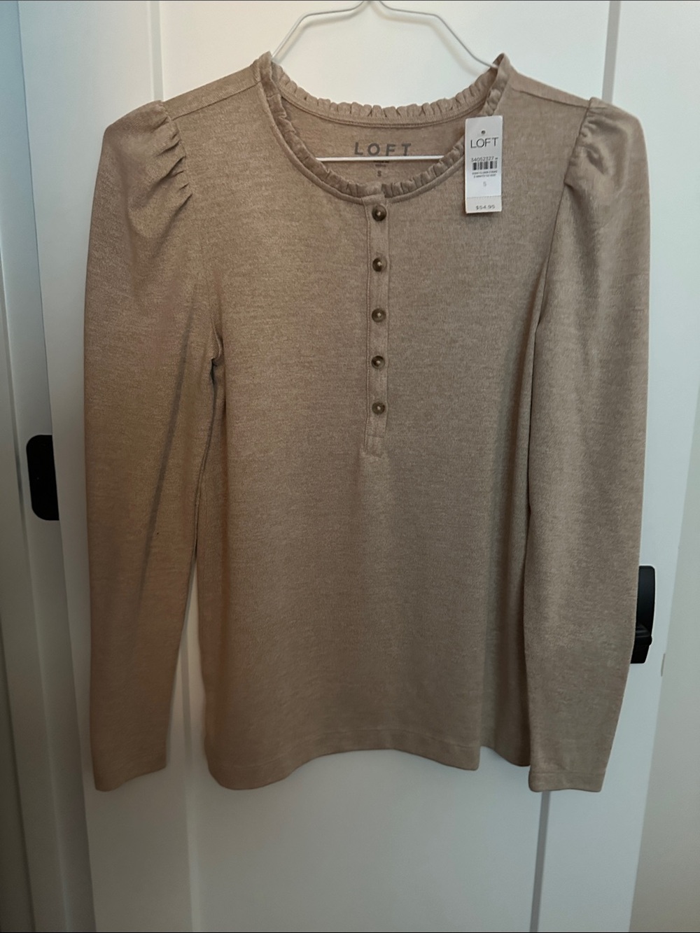 LOFT Tan Long-Sleeve Ruffle Henley Top
